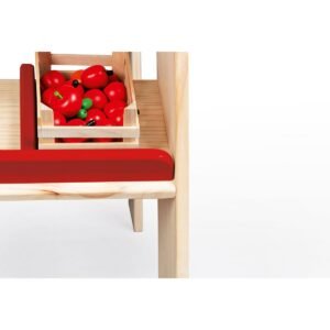 Houten speelgoed marktstandaard met houten groente en fruitbakjes