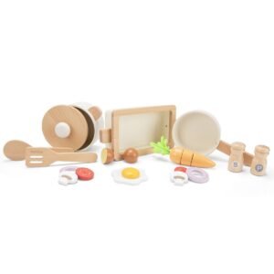 Houten pannenset speelgoed met groenten en kookaccessoires