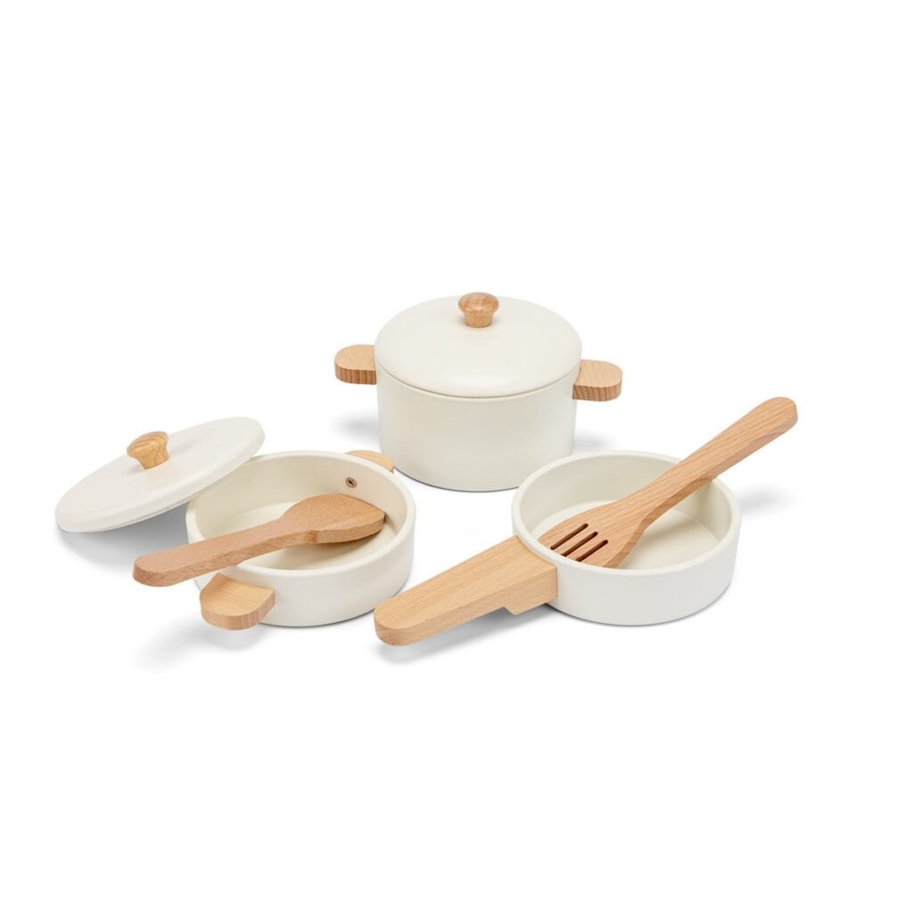 Minimalistische Woet Houten Pannenset Wit voor speelkeuken