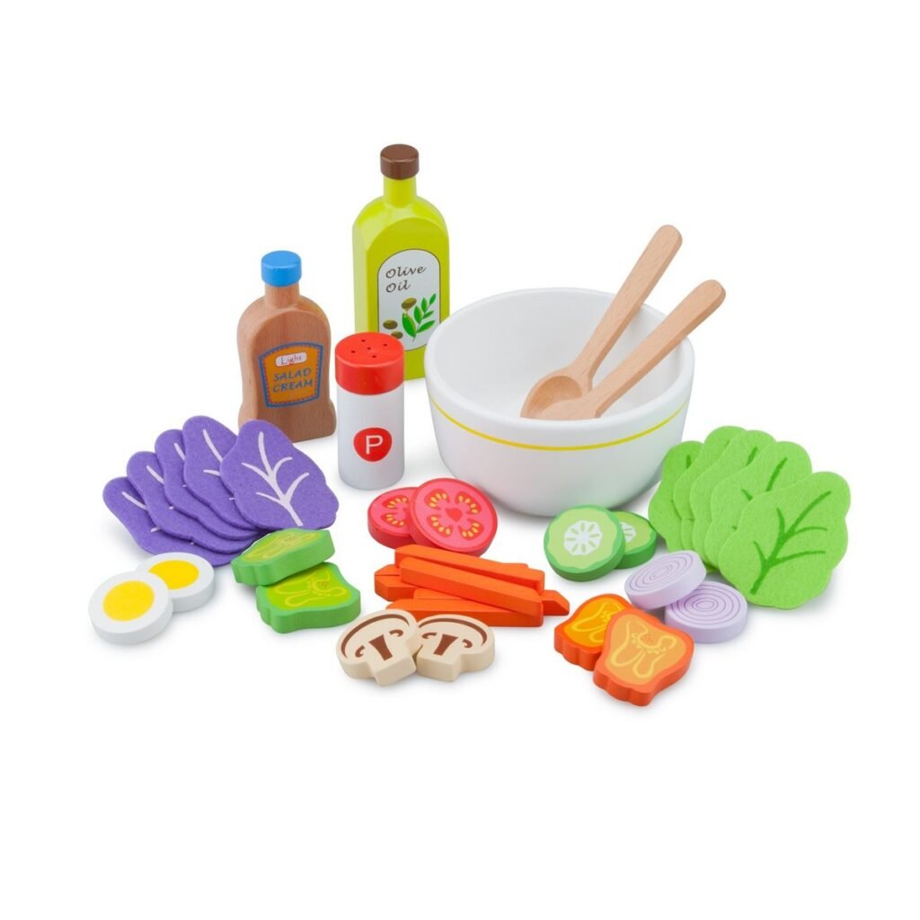 Woet Houten Salade Speelset kom met groenten en dressing flessen