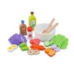 Woet Houten Salade Speelset kom met groenten en dressing flessen