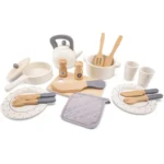 Woet Houten Servies en Pannenset met borden en keukengerei