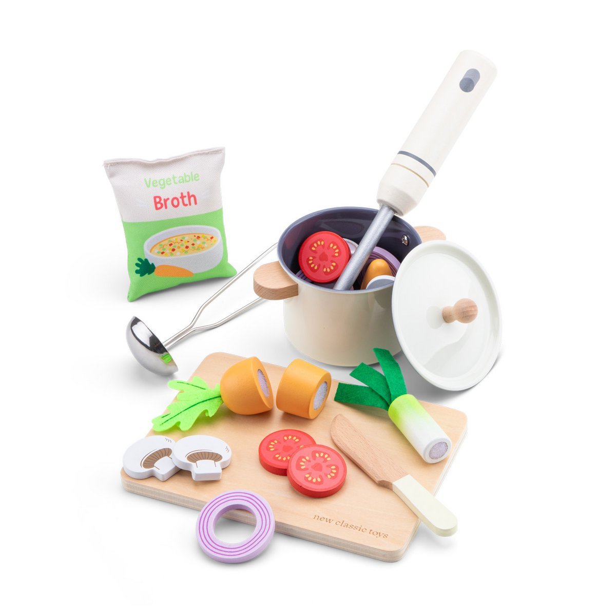 houten-soep-speelset-pan-soepgroenten-accessoires Woet Houten Soep speelset pan met soepgroenten en keukenaccessoires
