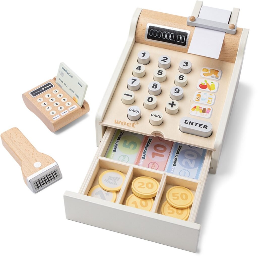 Woet Houten Speelgoedkassa met Speelgeld en Scanner met lade, muntjes en pinautomaat
