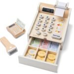 Woet Houten Speelgoedkassa met Speelgeld en Scanner met lade, muntjes en pinautomaat