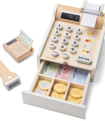 Woet Houten Speelgoedkassa met Speelgeld en Scanner met lade, muntjes en pinautomaat