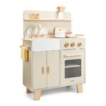Woet houten speelgoed kinderkeuken beige met fornuis en spoelbak
