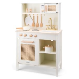 Luxe Woet houten speelgoed kinderkeuken Rotan met oven, spoelbak en accessoires