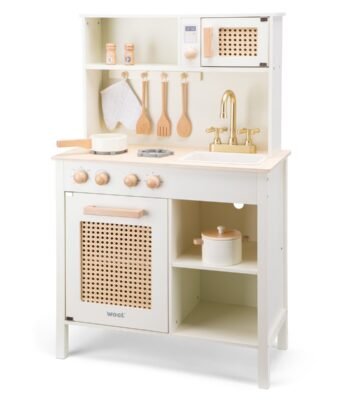 Luxe Woet houten speelgoed kinderkeuken Rotan met oven, spoelbak en accessoires