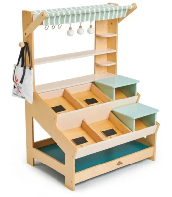 Houten Tender Leaf Marktkraam speelgoed voor kinderen met opbergvakken en luifel