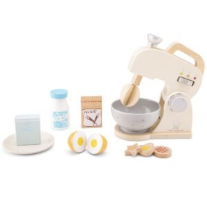 Houten speelgoed keuken mixer met ingrediënten en schaal