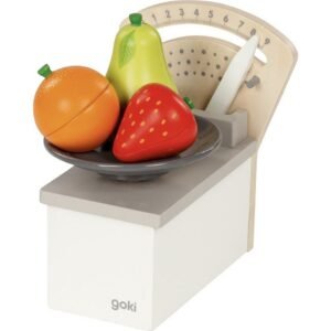 Houten speelgoed weegschaal met fruit en mes