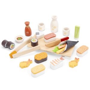 Houten sushi speelgoed voor kinderen met maki, nigiri en wasabi