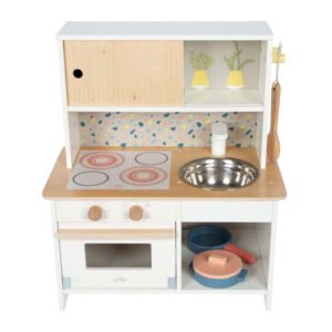 Houten terrazzo speelkeuken met oven en spoelbak