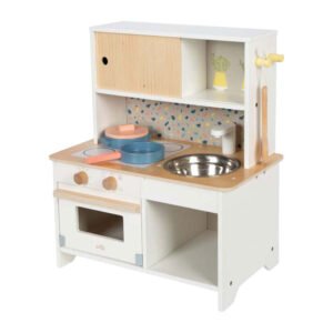 Houten Terrazzo kinderkeuken met pannenset en kookplaat
