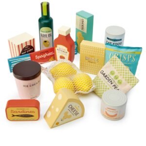 Houten speelgoed boodschappen set met pasta en groenten