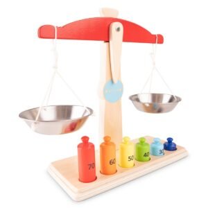 Kinder weegschaal van hout met gekleurde gewichtjes