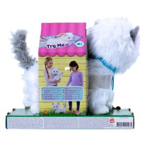 Interactieve knuffelkat Mimi met verpakking en speelhuisje achteraanzicht