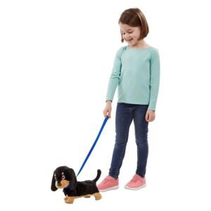 Kind wandelt met interactieve pluche teckel hond aan blauwe riem
