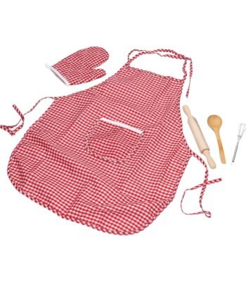 Home & Kitchen Chef Speelset Deluxe met rood geruit schort ovenwant deegroller garde en houten lepel