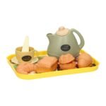 Kinder theeservies met speelgoed broodjes en groene theepot Dienblad Speeleten Thee & Broodjes
