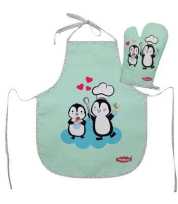 Set Kinderschort en Ovenwant Pinguin blauw voor gebruik in kinderkeuken