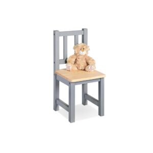Houten kinderstoel grijs met teddybeer op de zitting