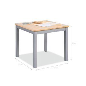 Kinderbureau van hout met grijze poten en tekenmaterialen erop