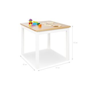Kindertafel met houten blad en witte poten met kleurrijke bouwblokken erop