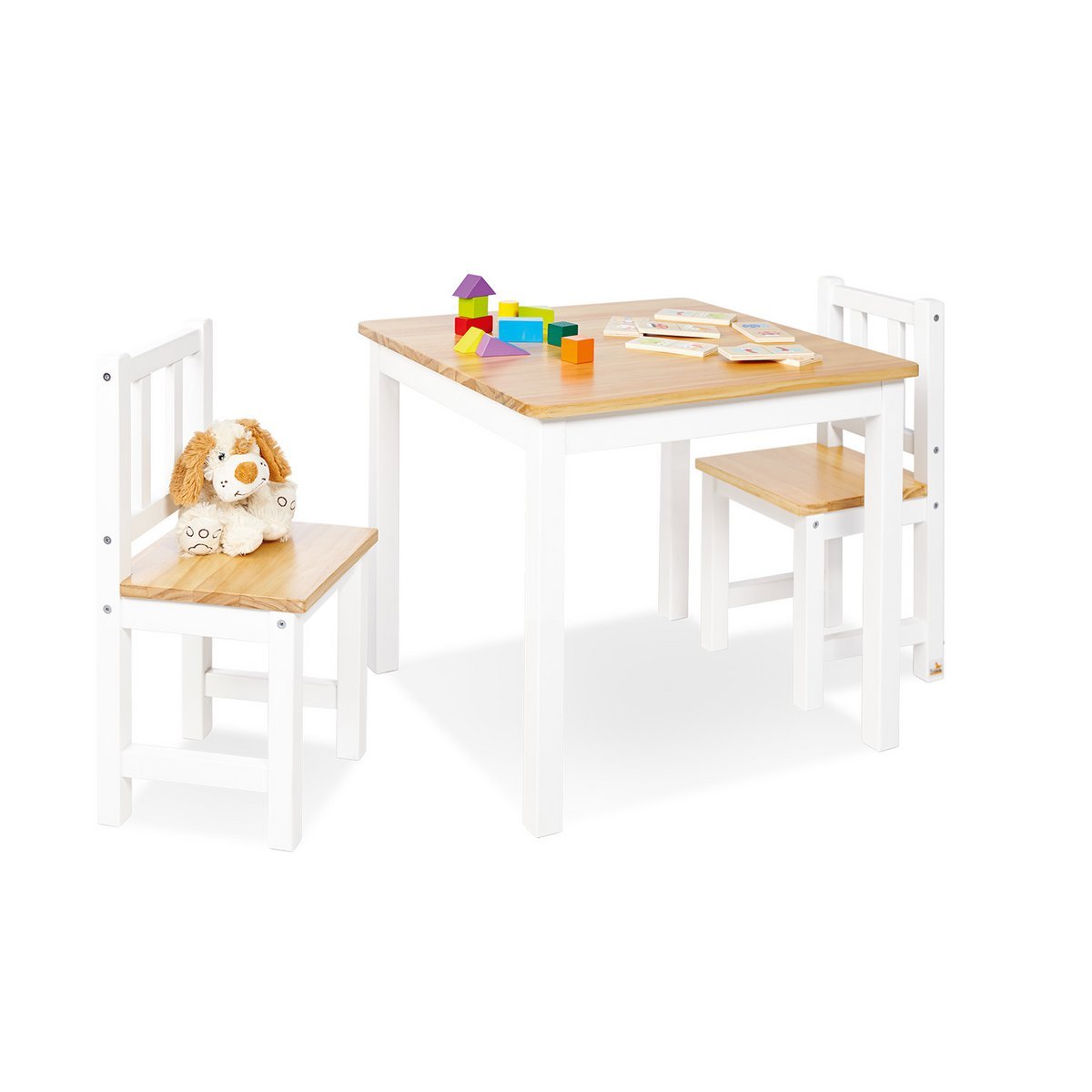 kindertafel-stoel-houten-twee-stoelen-speelgoed Pinolino Kindertafel en Stoel Set Fenna Wit met twee witte stoelen en houten bladen, speeltafels met speelgoed
