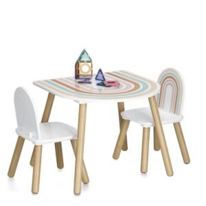 Kinderzitset bestaande uit tafel en twee stoelen met pastelregenboogmotief