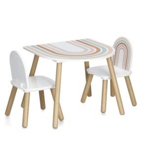Zeller Kinderzitset Rainbow tafel met twee stoelen met regenboogprint en houten poten
