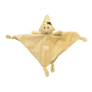 Zacht geel baby knuffeldoekje van corduroy met hartje en poppetje