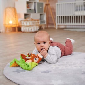 Baby speelt met hertje knuffeldoekje op vloerkleed in babykamer