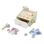 Houten speelgoed kassa met speelgeld munten en pinapparaat Houten Speelgoedkassa met Accessoires