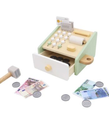 Houten speelgoed kassa met speelgeld munten en pinapparaat Houten Speelgoedkassa met Accessoires