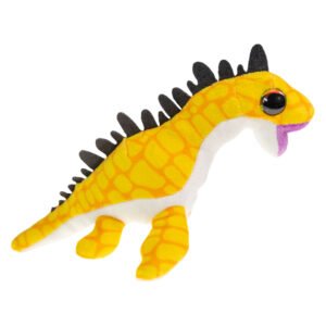 Pluche gele dinosaurus knuffel met zwarte rugstekels op witte achtergrond Lumo Stars Knuffel Dino Plesiosaur