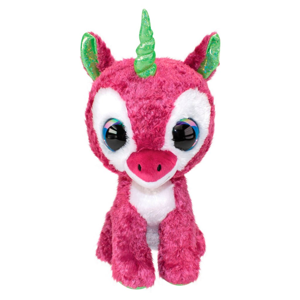schattige roze knuffel eenhoorn met grote ogen en groene hoorn Lumo Stars Knuffel - Unicorn Taiga