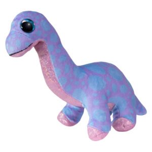 Zachte paarse dinosaurus knuffel met blauwe stippen en glitterroze nek op witte achtergrond