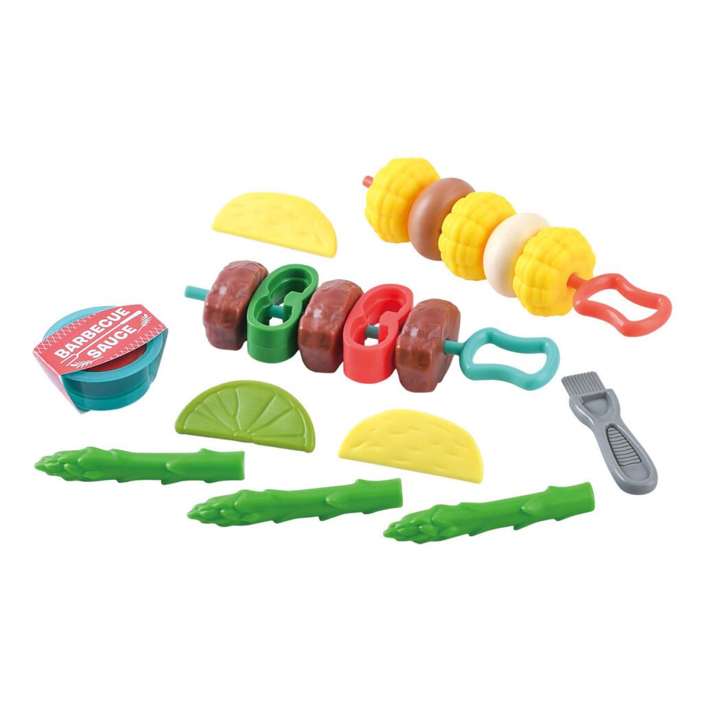 Speelgoed barbecue spiesjes set met groenten en saus voor kinderen Playgo Speelgoedeten Gegrilde Spiesjes Speelset