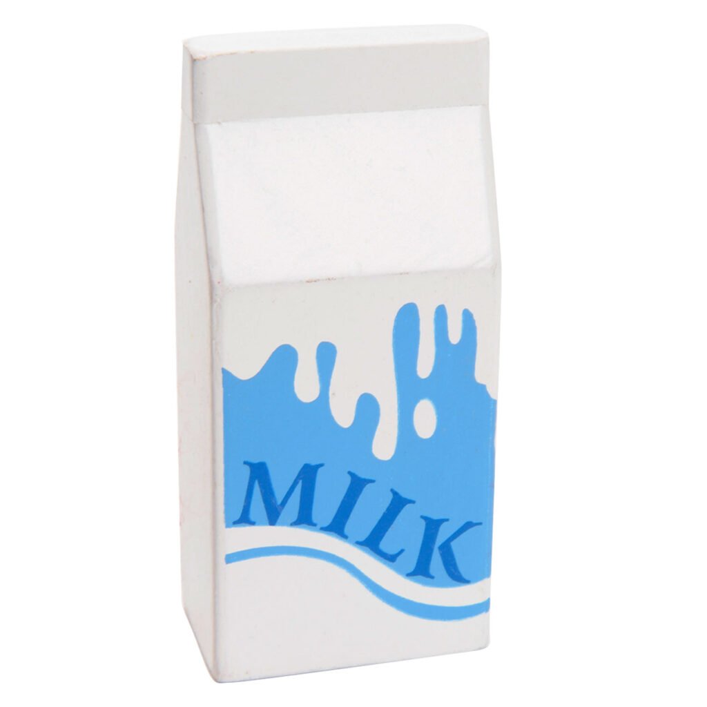 Witte gum in de vorm van een melkpak met blauwe melkprint houten melkpak