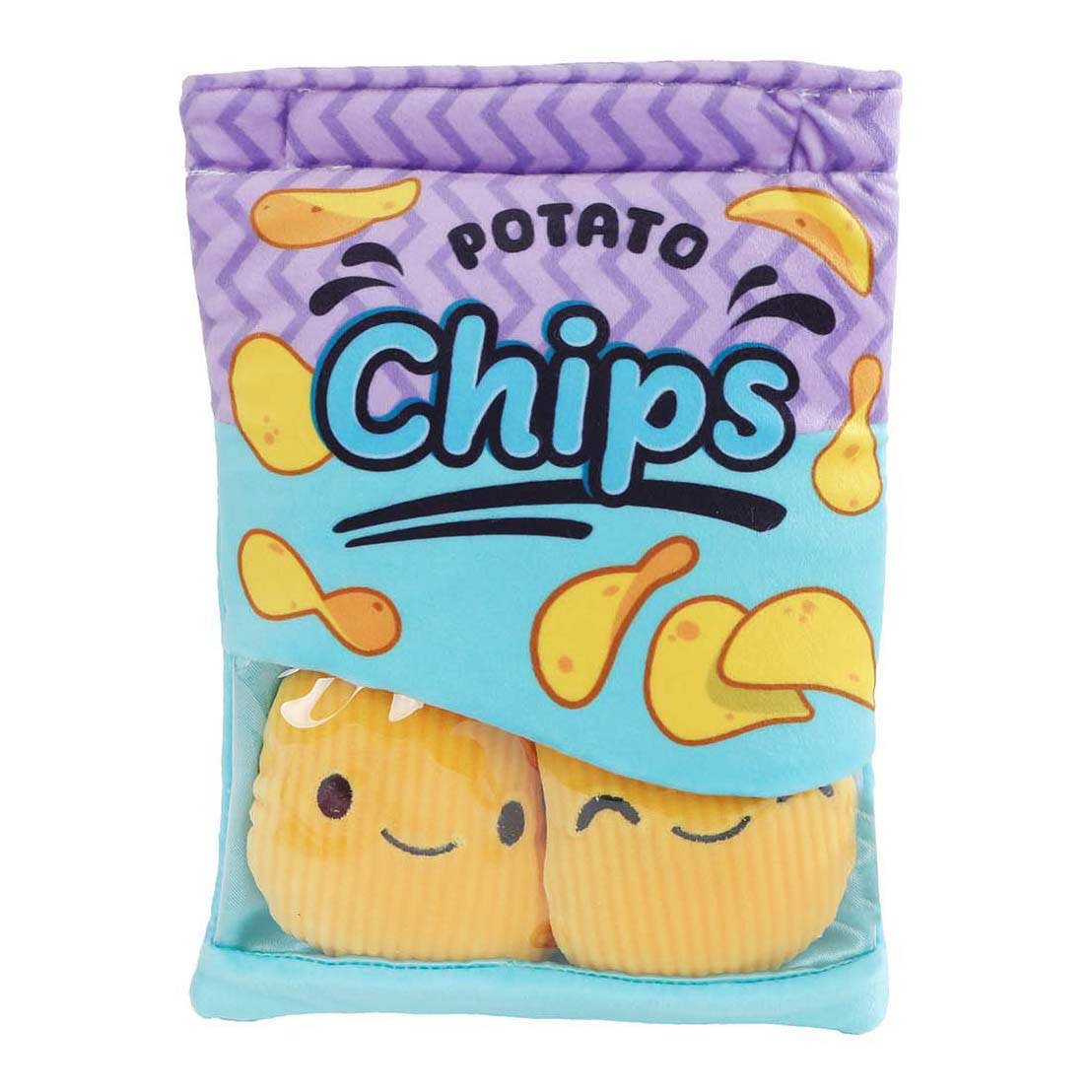 pluche-potato-chips-zak-knuffels Pluche potato chips zak met schattige chips knuffels. Fluffy Menu Snackzakje met Pluchen Chips