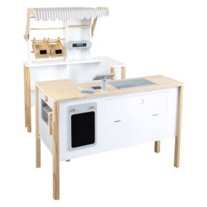 Complete houten speelgoed supermarkt met keuken en kassa. Small Foot Houten Winkel Wit met Kassa en Lopende Band