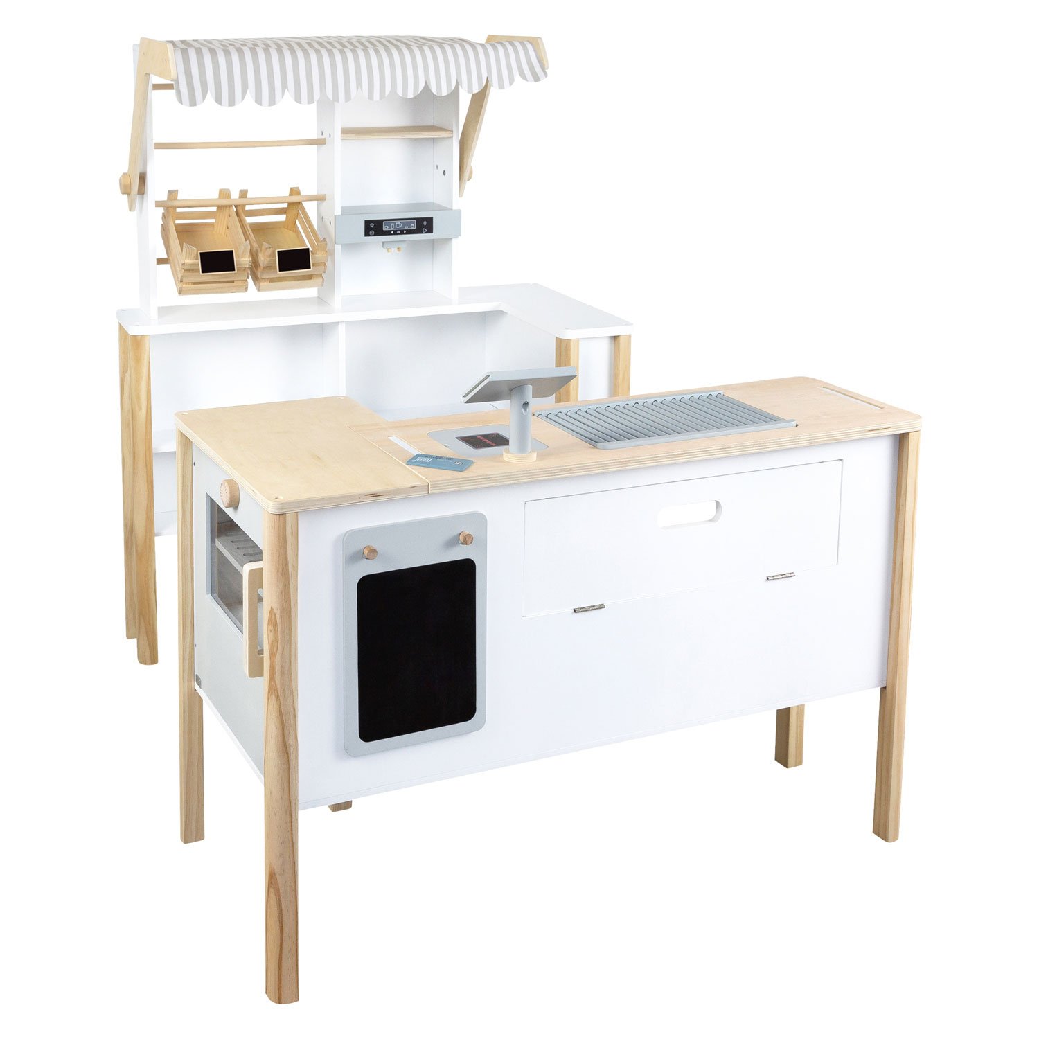 small-foot-complete-houten-speelgoed-supermarkt-keuken-kassa Complete houten speelgoed supermarkt met keuken en kassa. Small Foot Houten Winkel Wit met Kassa en Lopende Band