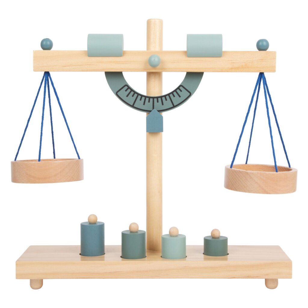 Educatieve houten balansweegschaal voor kinderen met vier gewichten. Small Foot Houten Weegschaal met Gewichten