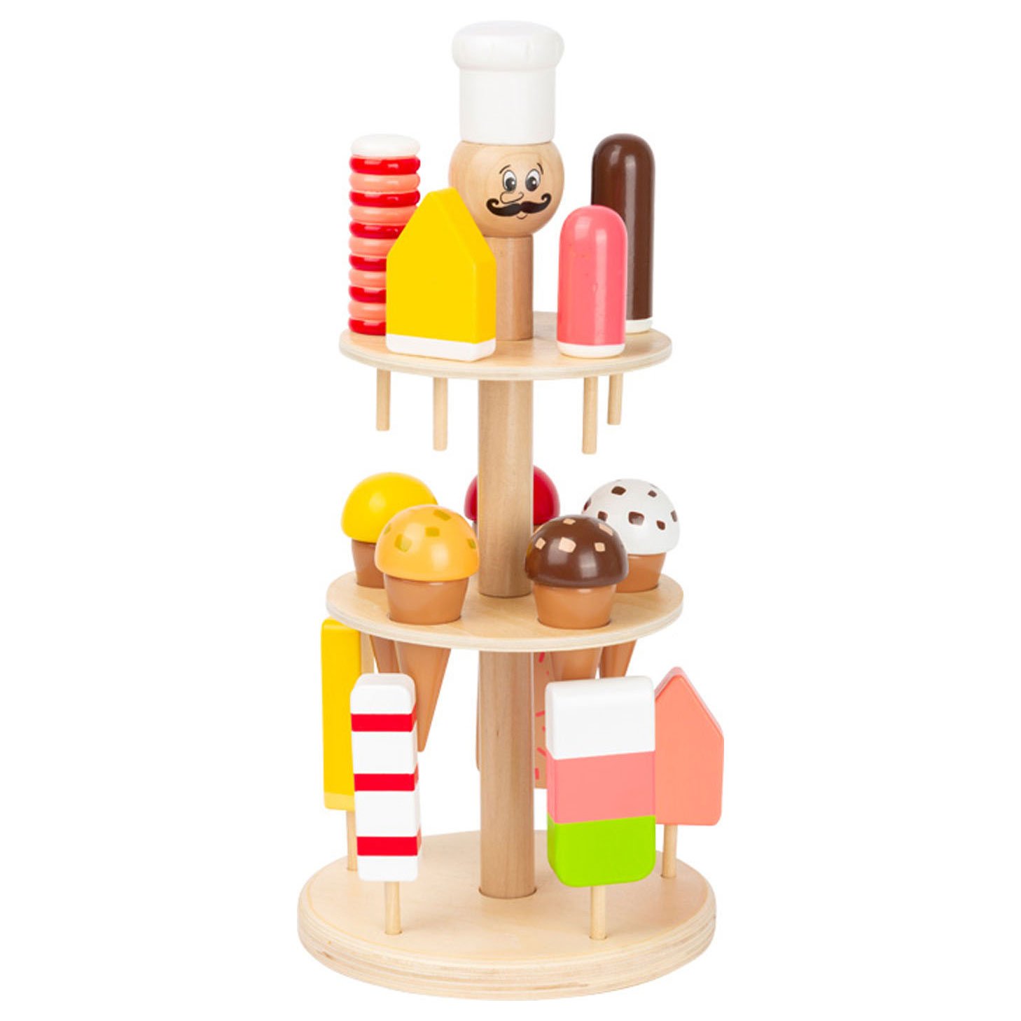 small-foot-houten-ijsjes-standaard-speelgoedijs Houten ijsjes standaard met kleurrijk speelgoedijs. Small Foot Houten Luigi IJskraam