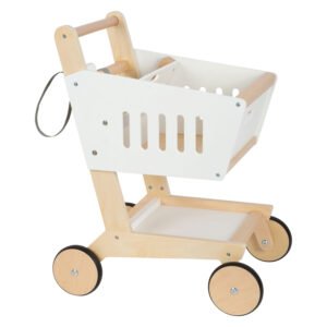 Houten kinder winkelwagen met witte bak en vier wielen. Small Foot Houten Supermarkt Winkelwagen Wit