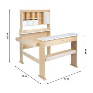 Houten kinderbureau met opbergrek en afmetingen 87 x 78 x 112 cm