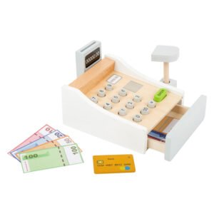 Houten kinderkassa met lade en speelgoedgeld