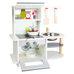 houten kinderkeuken met oven kookplaat en klikknoppen functie
